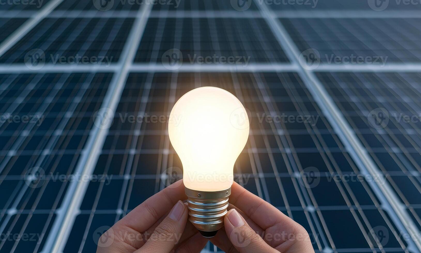 Sustainable energy with renewable power concept. A person holds a glowing light bulb over solar panels, symbolizing renewable energy and innovation in sustainable technology. photo