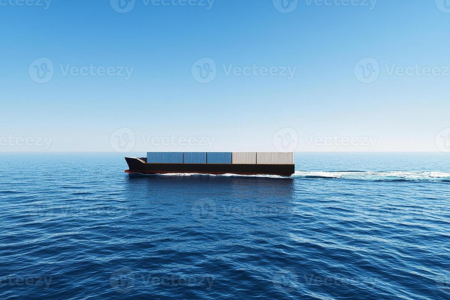 Sustainable energy with renewable power concept. Container ship navigates through calm waters under a clear blue sky, symbolizing global trade and maritime transport. photo