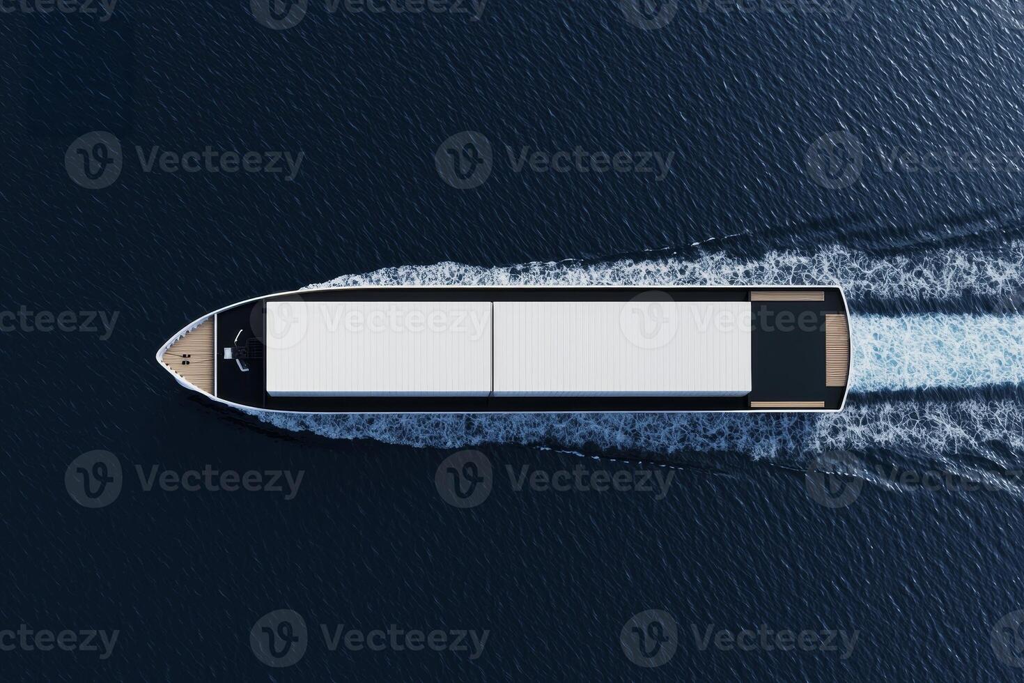Sustainable energy with renewable power concept. Large cargo ship navigates through deep blue waters, leaving a wake behind as it travels across the ocean's surface. photo