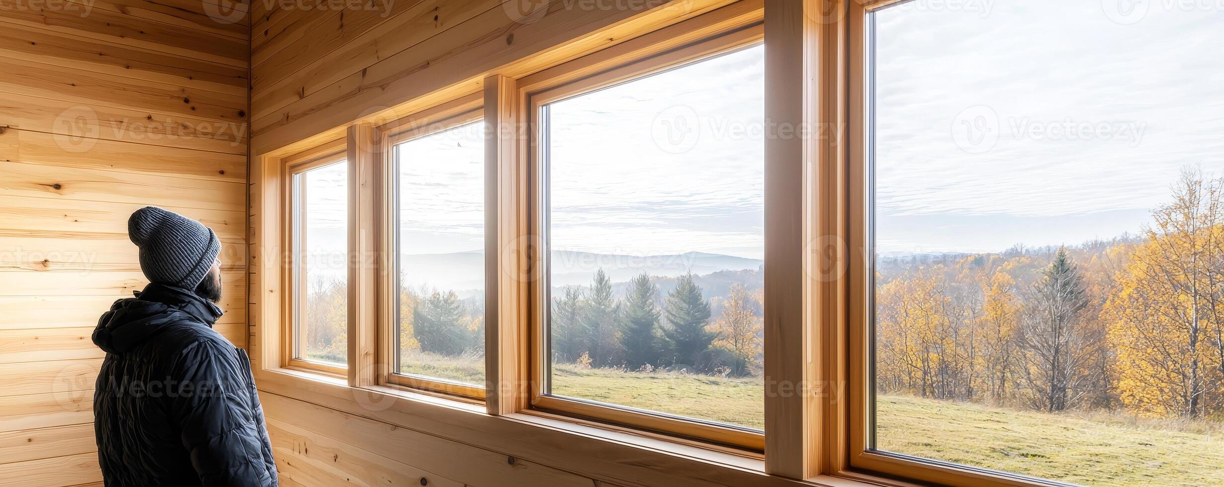 Home improvement with sustainable building concept. A person gazes out of a wooden cabin window, enjoying a serene view of autumn trees and rolling hills under a cloudy sky. photo