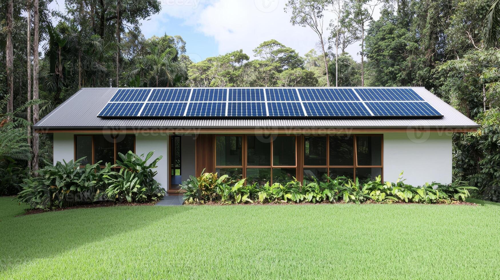 Home improvement with sustainable building concept. House featuring solar panels on the roof, surrounded by lush greenery and trees, promoting sustainable living. photo