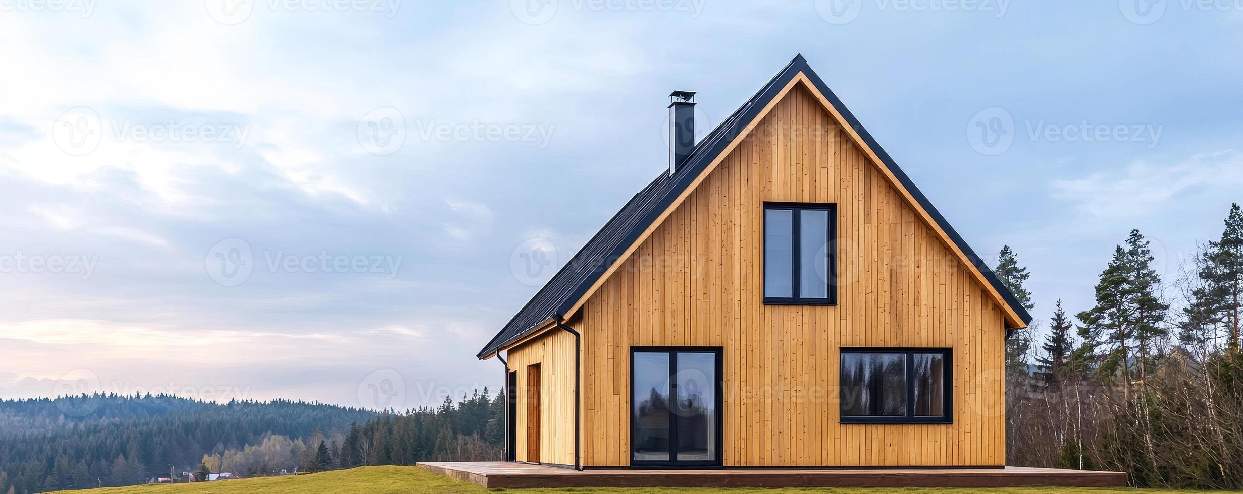 Home improvement with sustainable building concept. Wooden house with large windows, set against a backdrop of trees and a cloudy sky, showcasing a blend of nature and contemporary architecture. photo