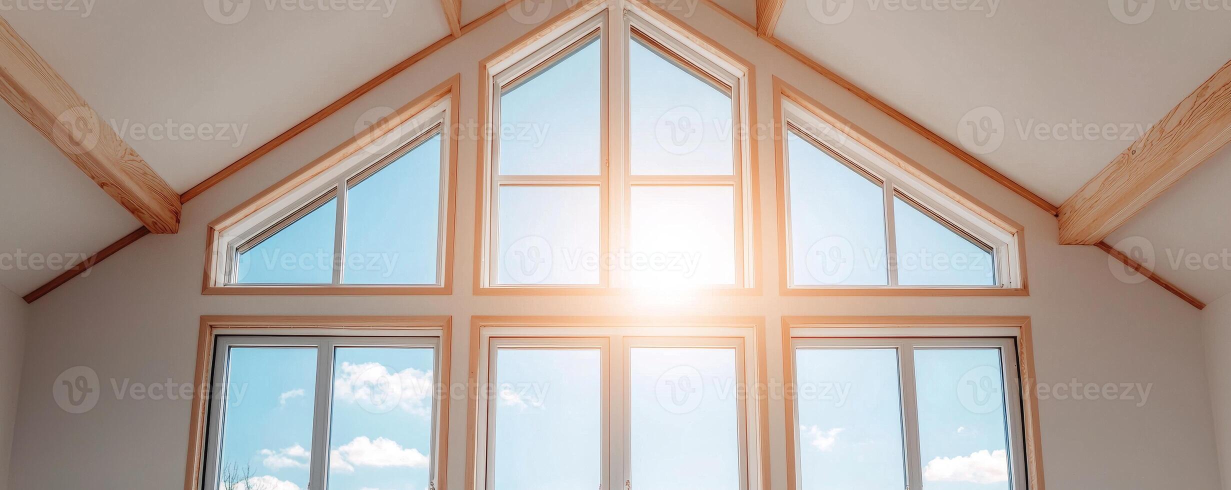 Home improvement with sustainable building concept. Room featuring large windows that allow sunlight to flood in, highlighting wooden beams and a clear sky outside. photo