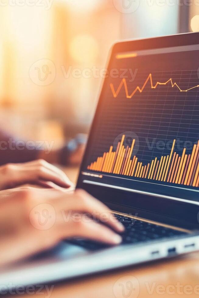 Business entrepreneurship with remote work concept. A person analyzing data on a laptop, displaying graphs and charts that indicate performance trends and metrics. photo