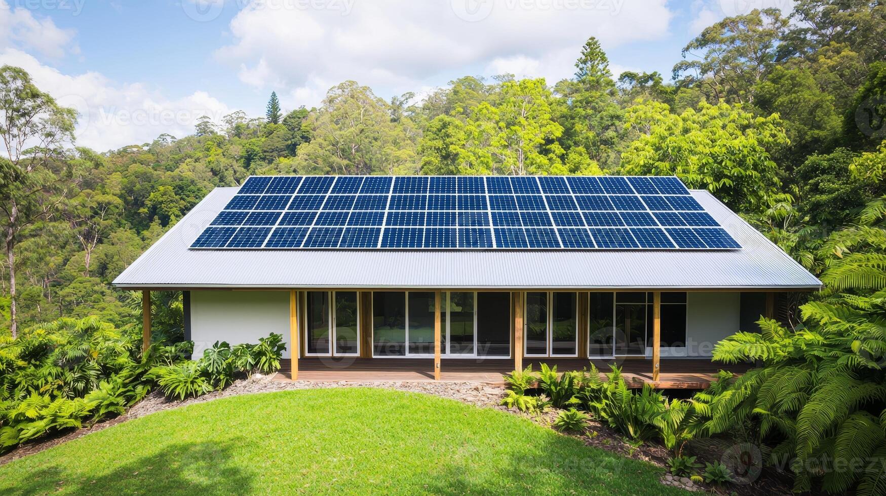 Home improvement with sustainable building concept. Modern house with a solar panel roof, surrounded by lush greenery, showcasing an eco-friendly design in a tranquil setting. photo