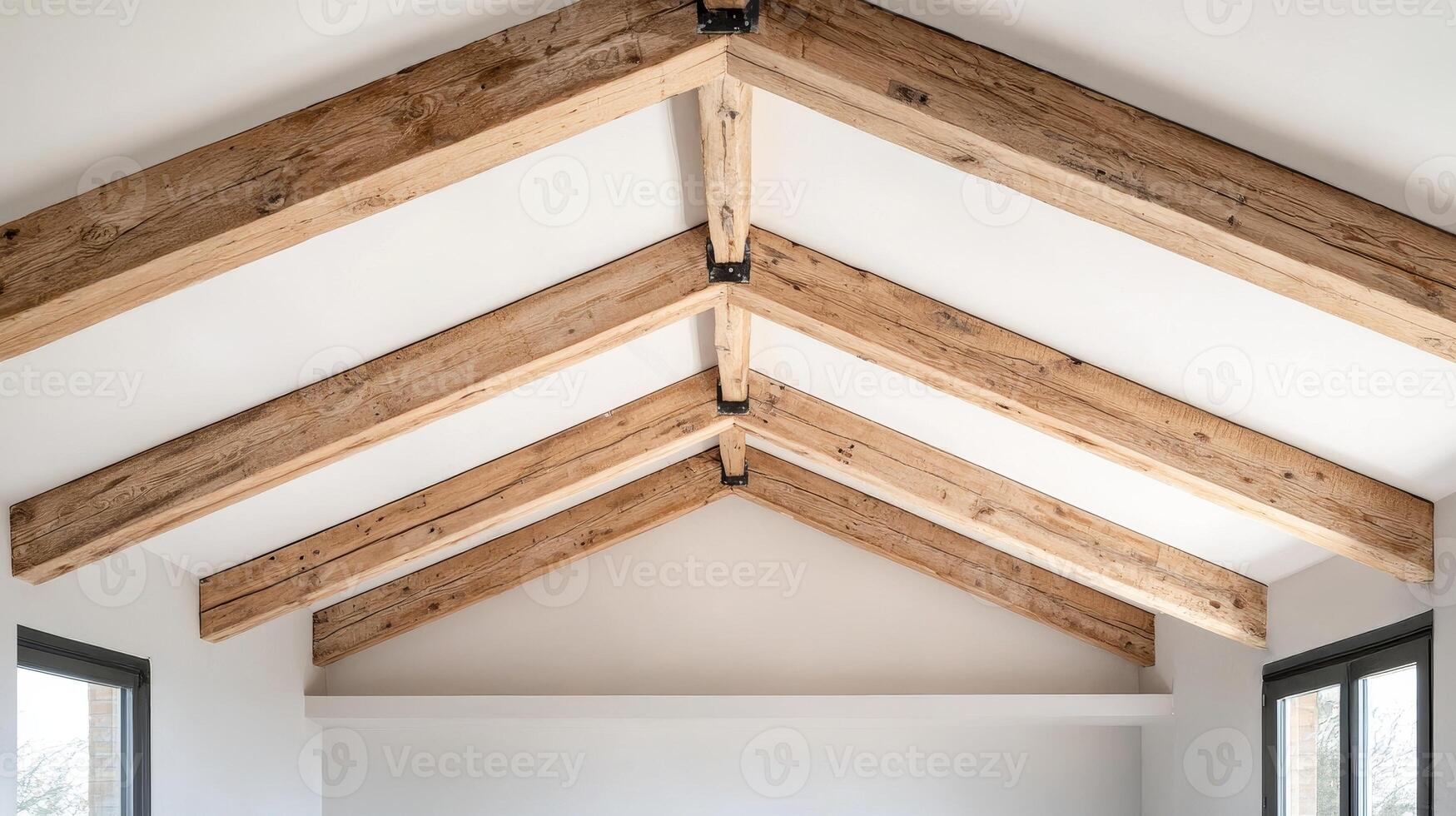 Home improvement with sustainable building concept. Wooden beams and a light-colored ceiling, creating an open and airy atmosphere. photo
