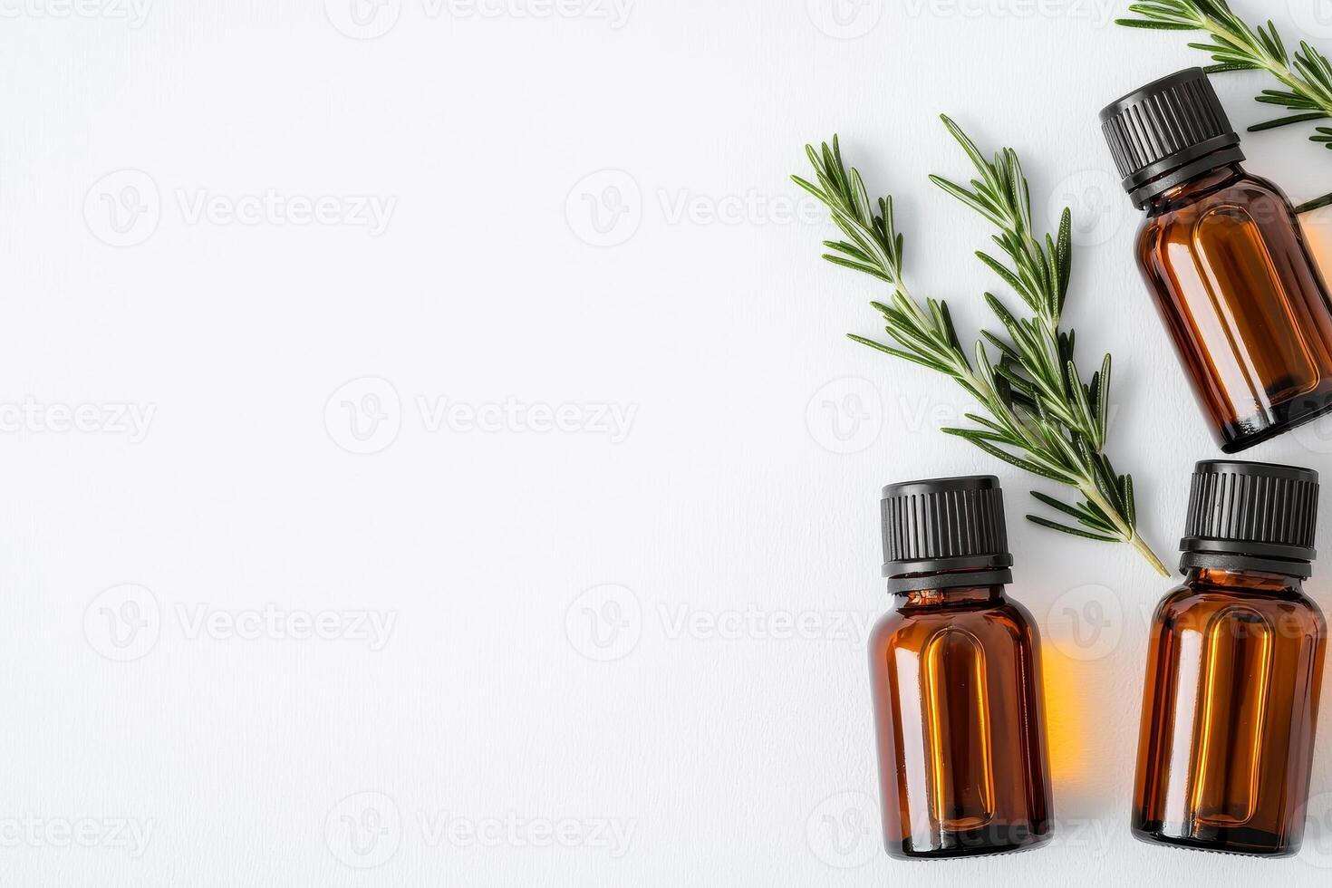 Health supplements and natural remedies concept. Essential oils with rosemary on a light background. photo
