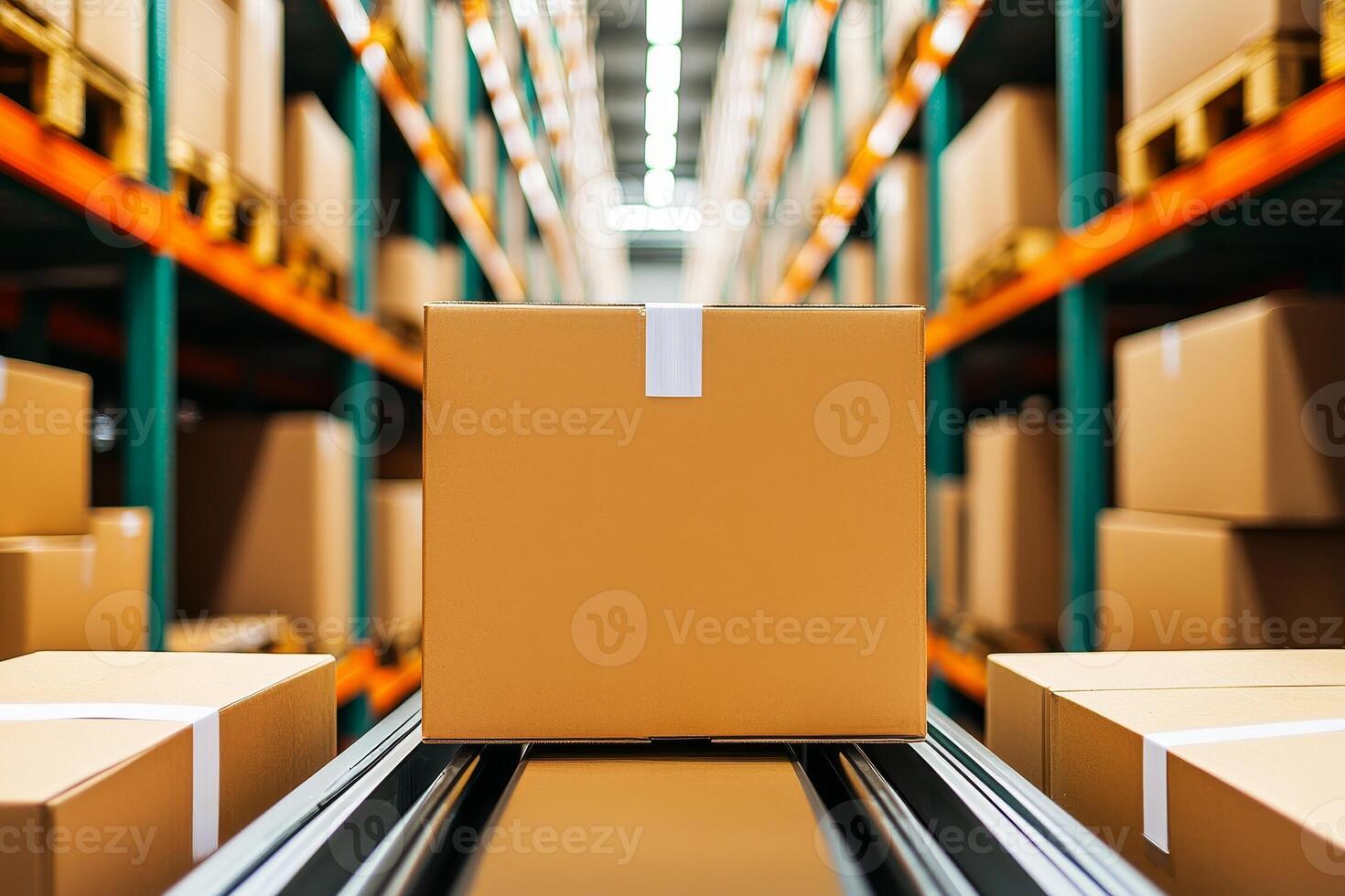 E-commerce growth and business entrepreneurship concept. Warehouse scene with packages on a conveyor belt system. photo