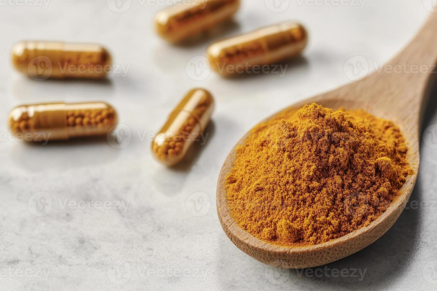 Health supplements and natural remedies concept. Herbal powder and capsules on a wooden spoon against a neutral background. photo