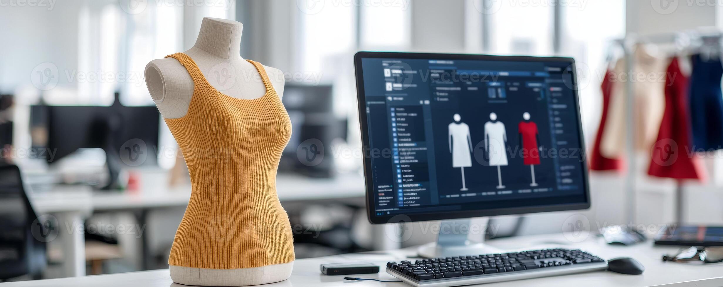 Social impact business with entrepreneurship concept. Fashion design workspace with a mannequin and computer display. photo