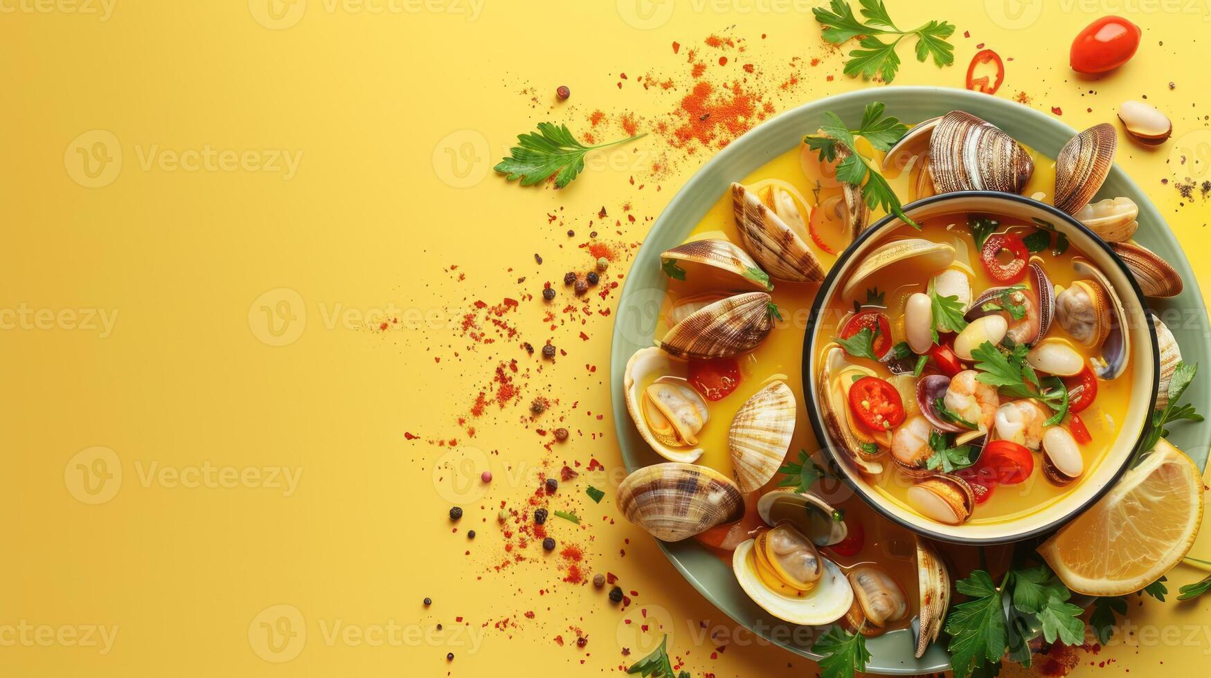 a bowl of soup with clams and tomatoes photo