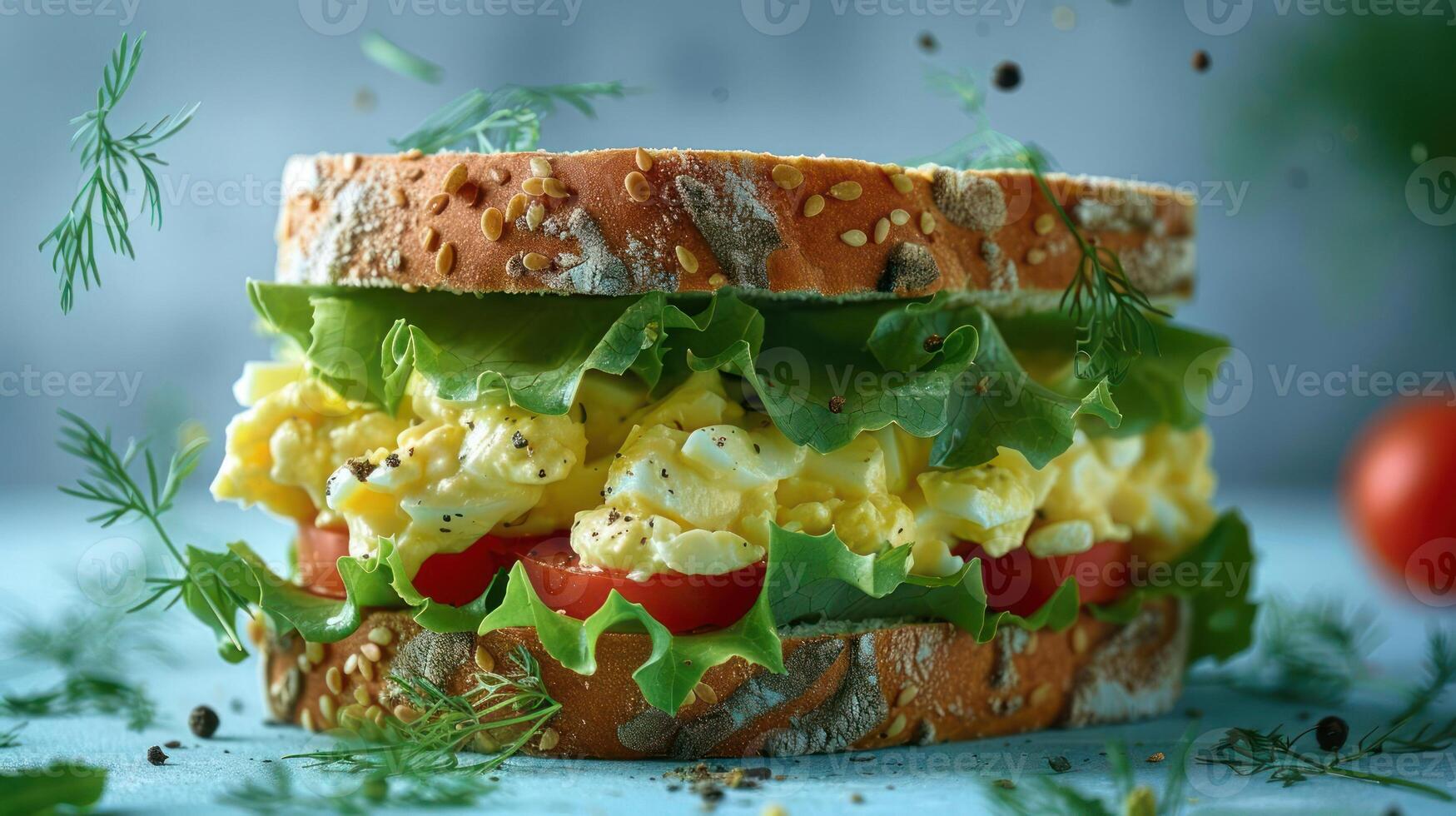 A sandwich with egg, lettuce and tomatoes photo