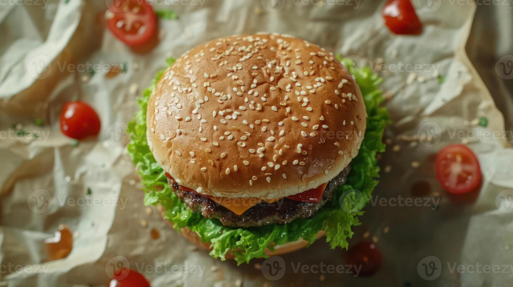 A close-up of a burger on a piece of parchment paper photo