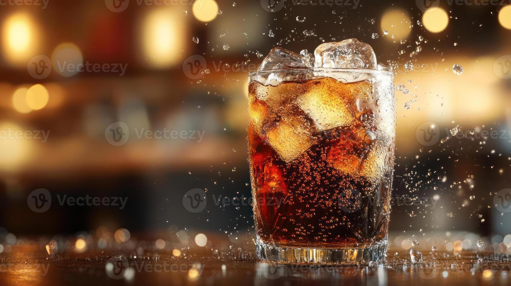 A glass of cola with ice cubes on a table. photo
