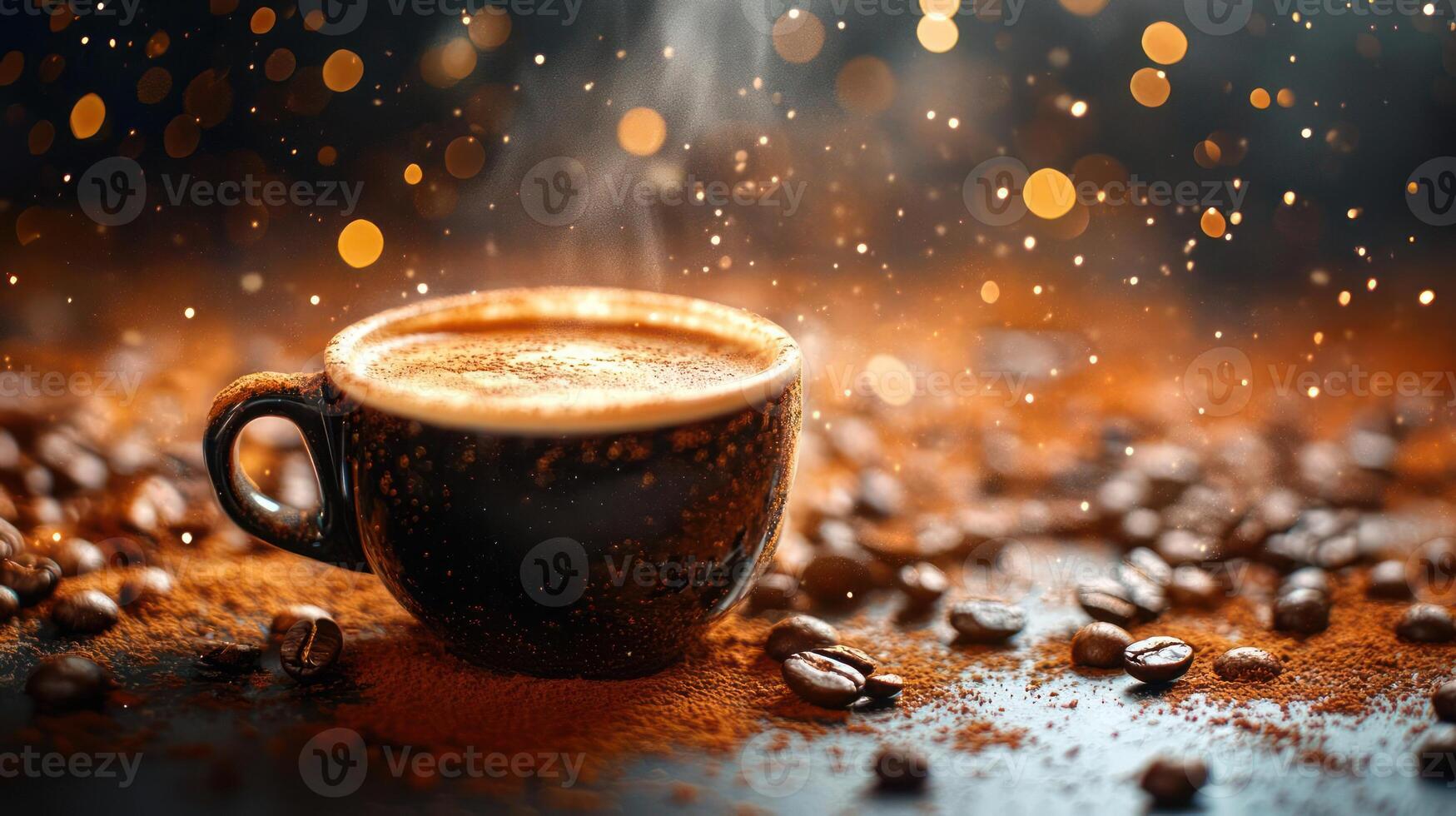 A hot cup of coffee with cinnamon and coffee beans photo