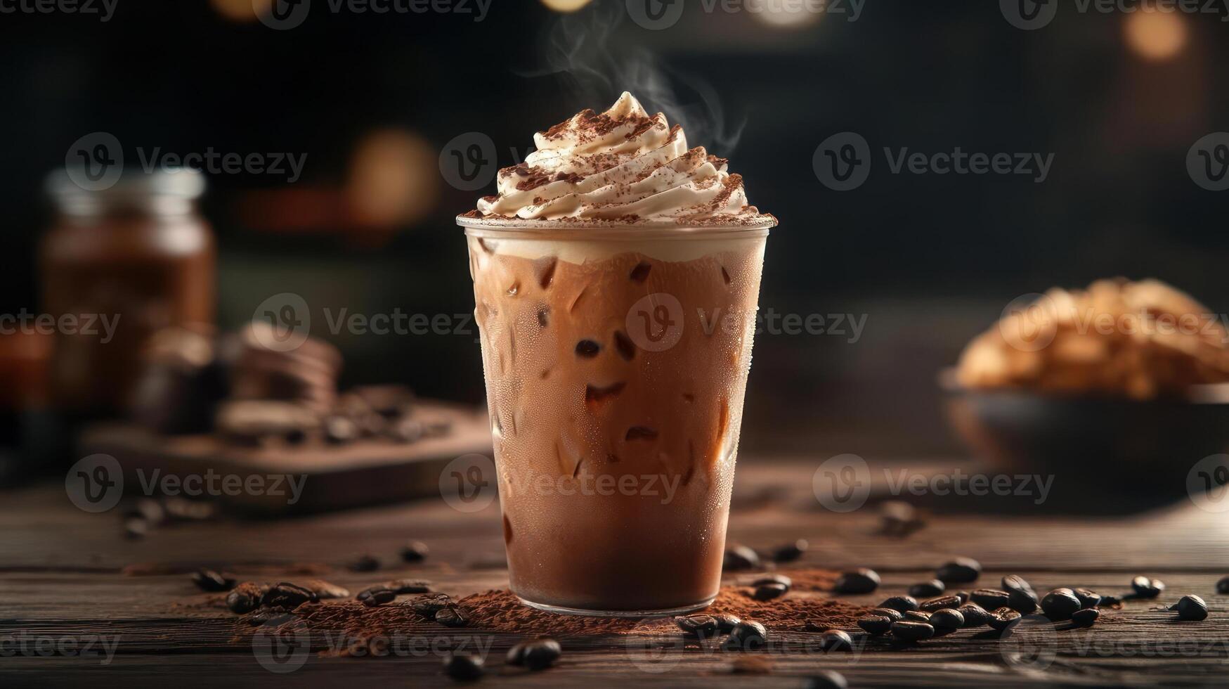 A glass of iced chocolate drink with whipped cream on top. photo