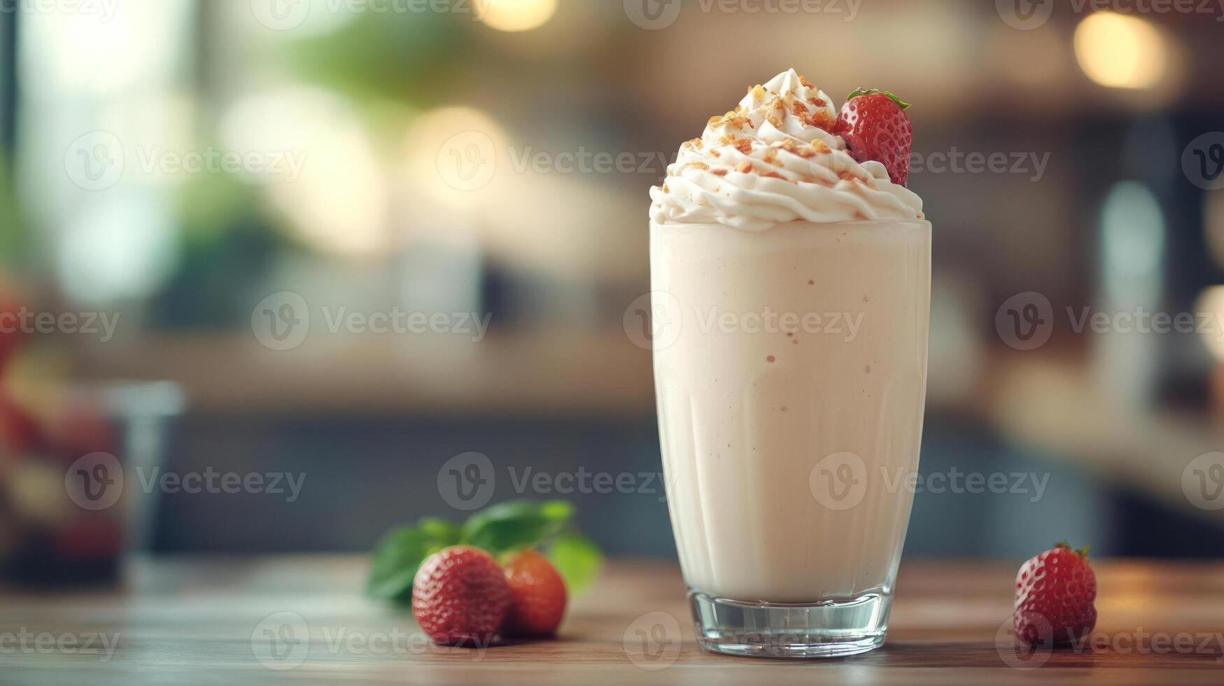 A tall glass filled with creamy strawberry shake and topped with whipped cream photo