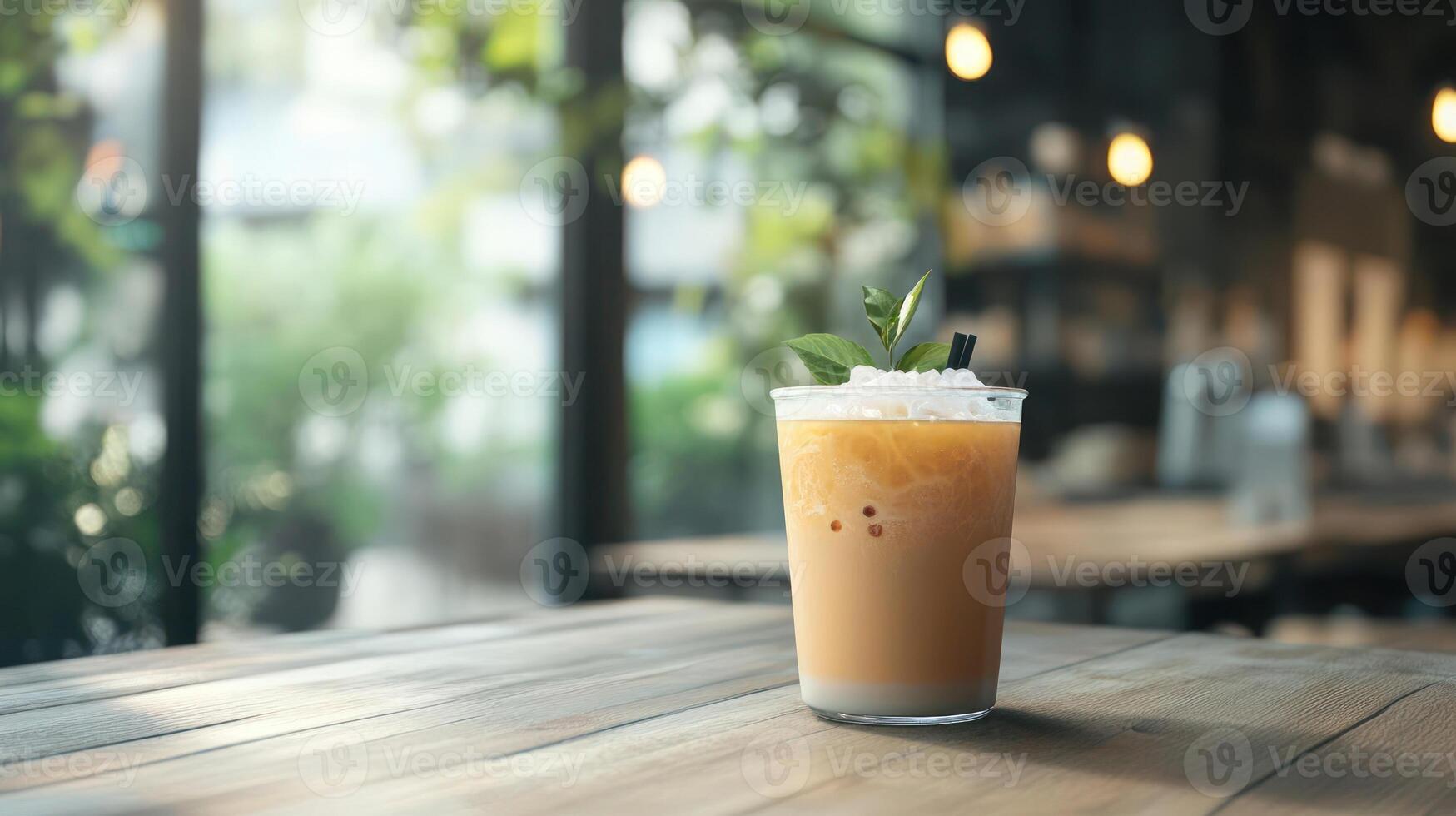 A refreshing glass of iced coffee on a wooden table photo
