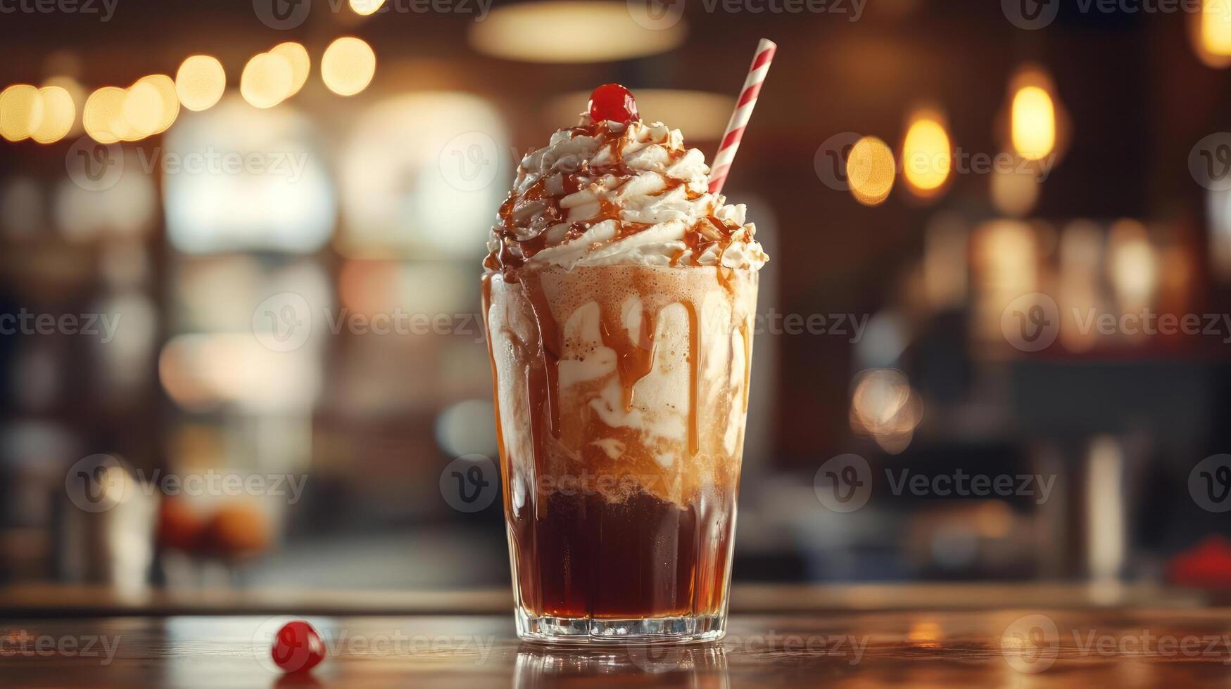 A tall glass of chocolate milkshake topped with whipped cream. photo