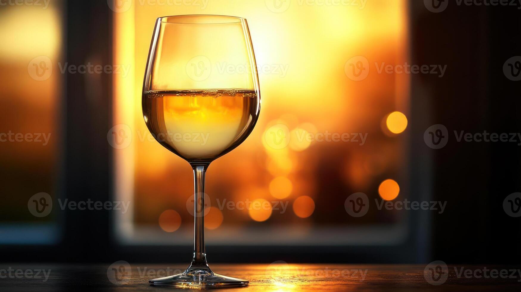 A glass of white wine on a table at sunset photo