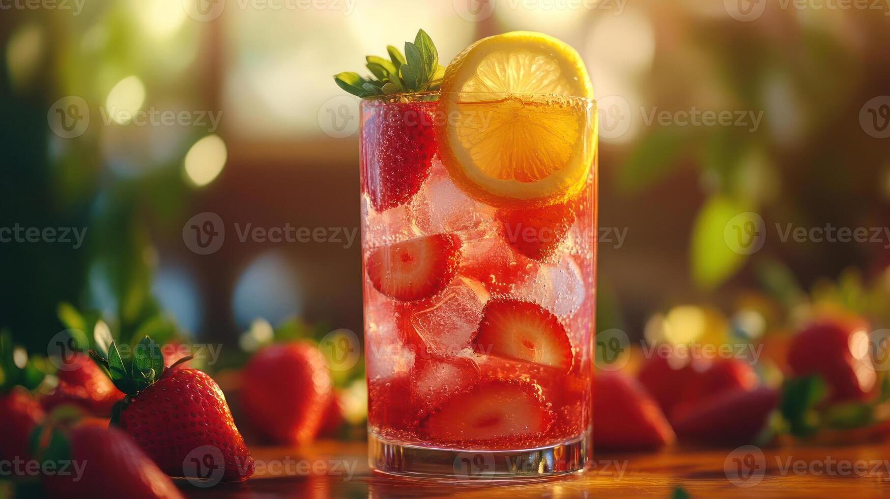 Refreshing summer drink with strawberries and lemon photo
