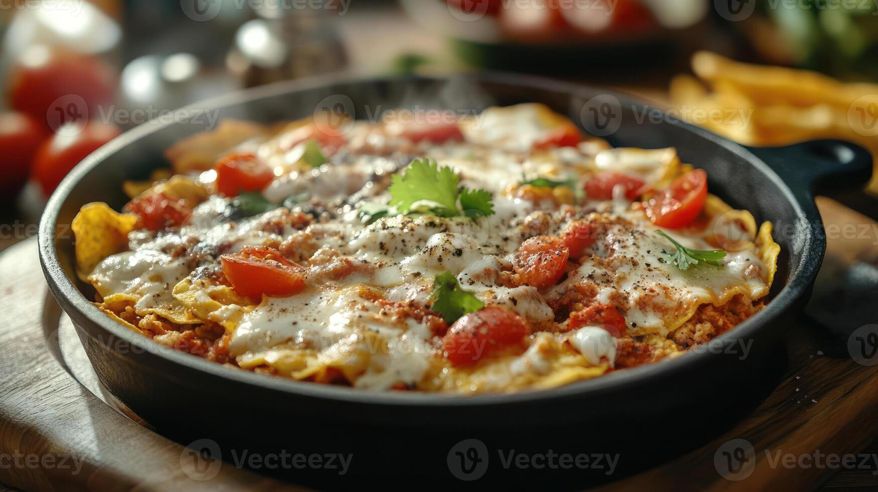 A pan of nachos with melted cheese and toppings. photo