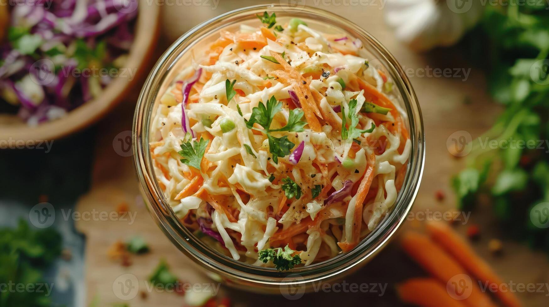 A bowl of coleslaw on a table. photo