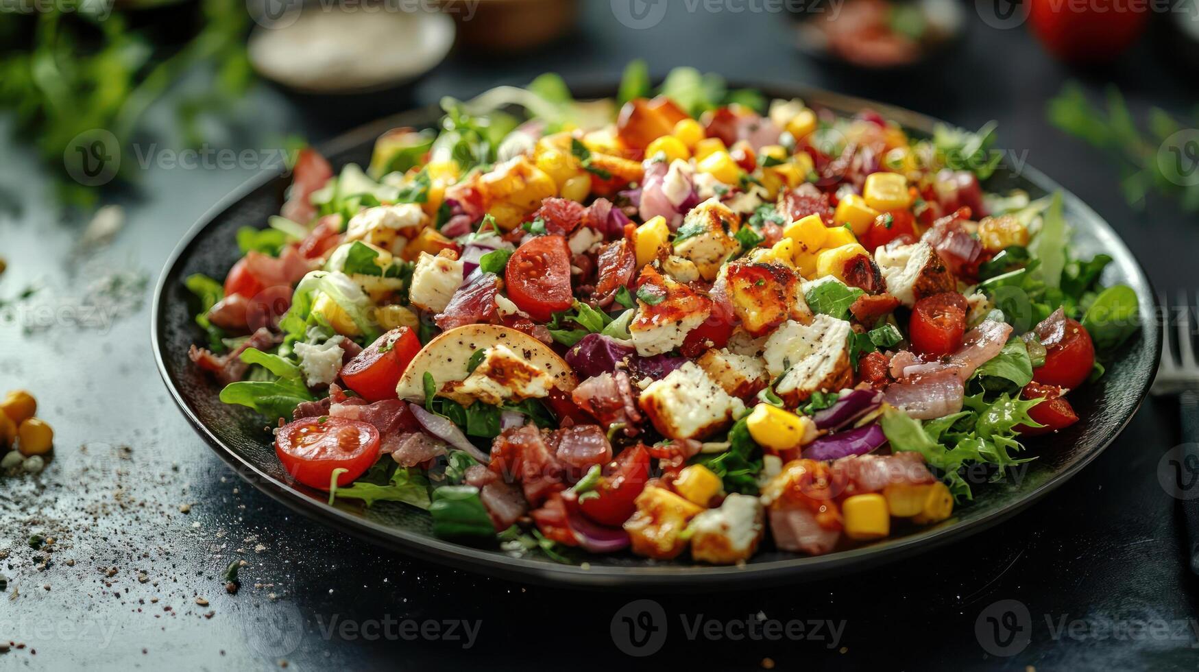 A colorful salad with mixed greens, cheese and vegetables. photo