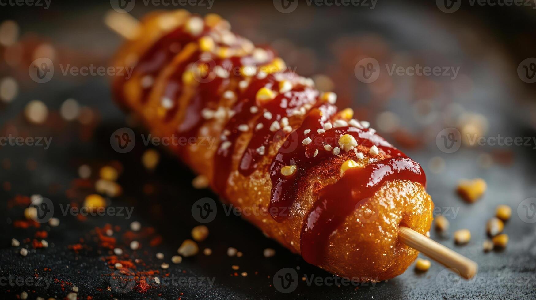 Corn dog with ketchup and mustard on a bun photo