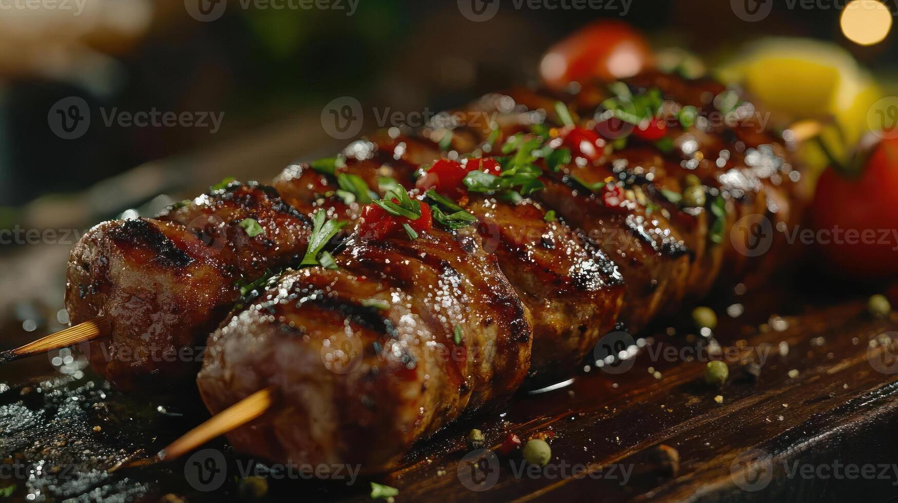 Grilled meat skewers with vegetables and herbs photo