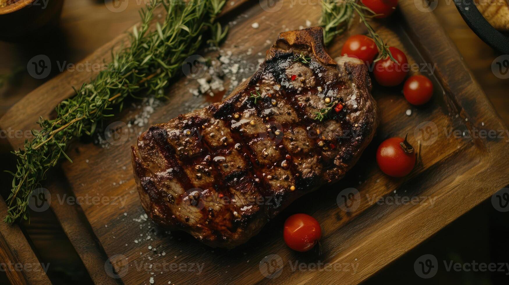 A grilled steak served with cherry tomatoes and rosemary photo