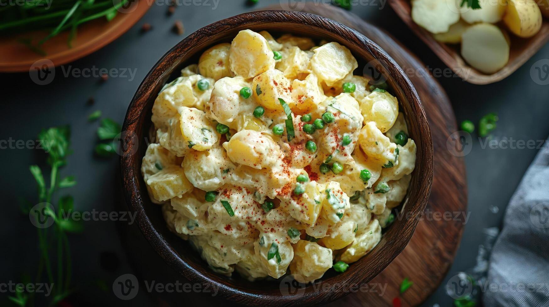 a bowl of creamy potato salad with green peas photo