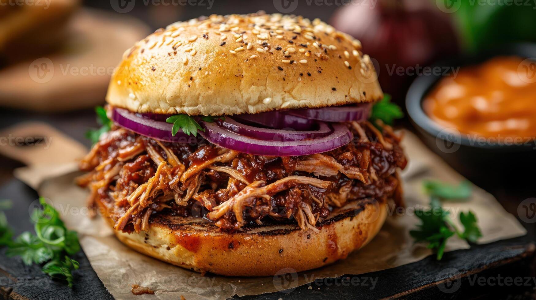 A pulled pork sandwich with a sesame seed bun and red onion. photo