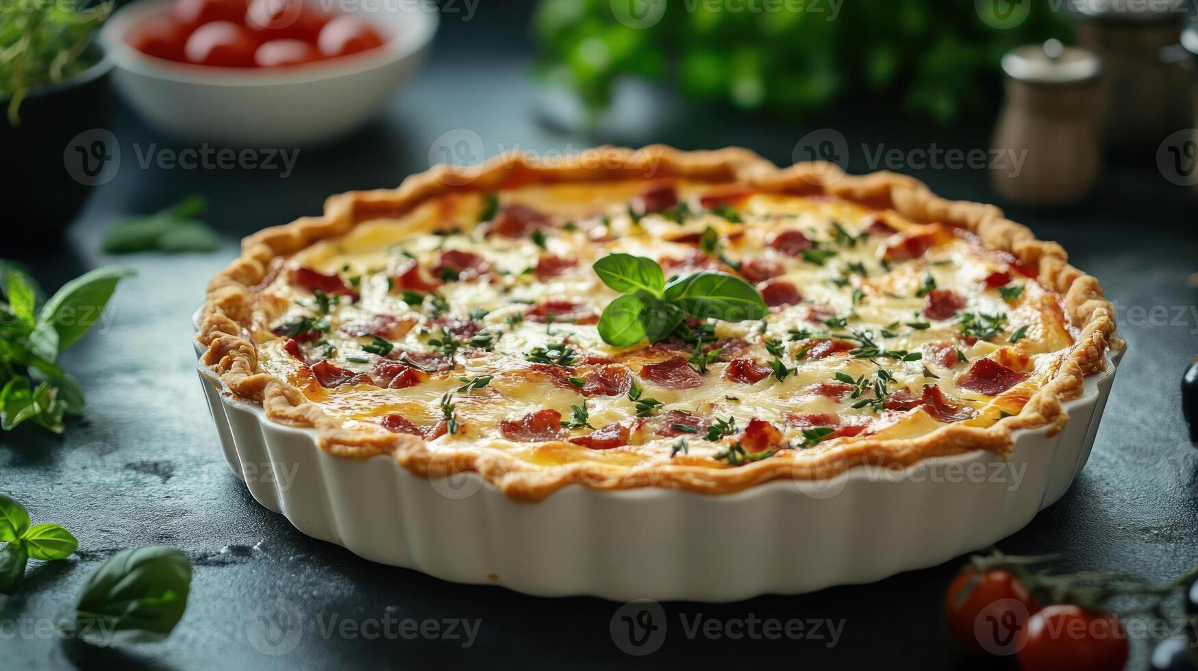 A quiche with cheese and ham toppings photo
