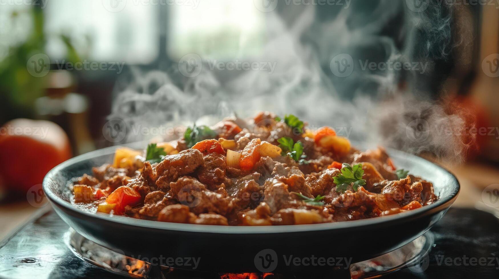 A bowl of goulash with steam rising photo