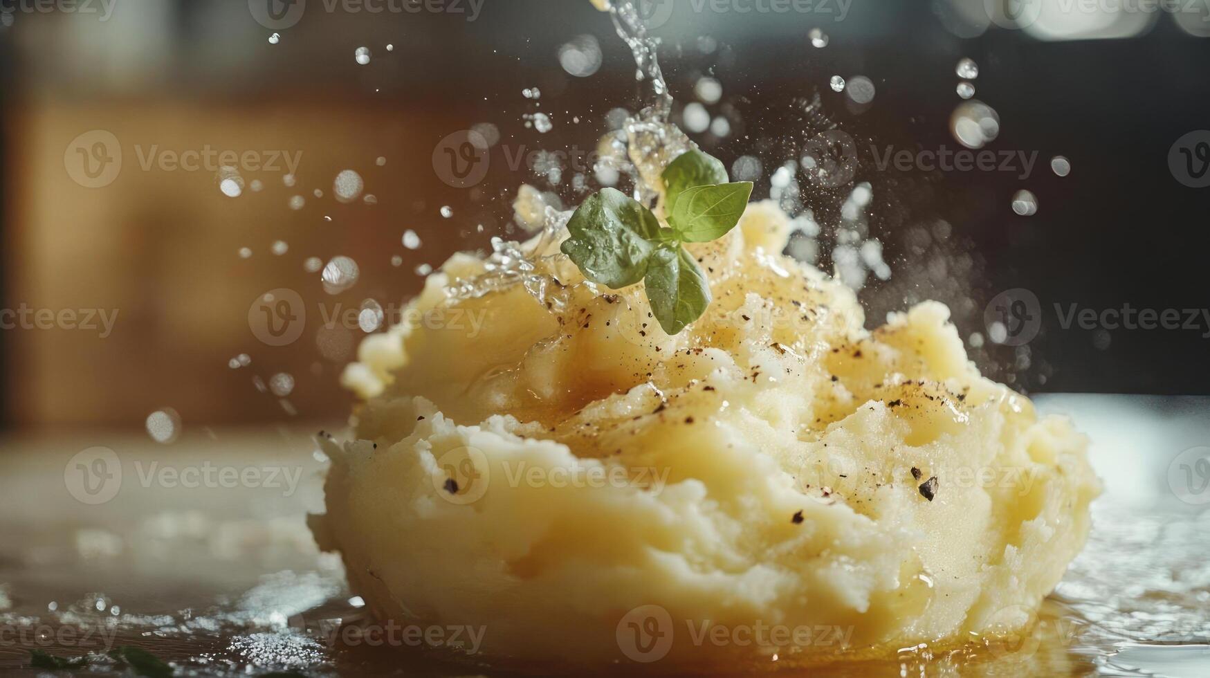 A close-up shot of mashed potatoes with a garnish photo