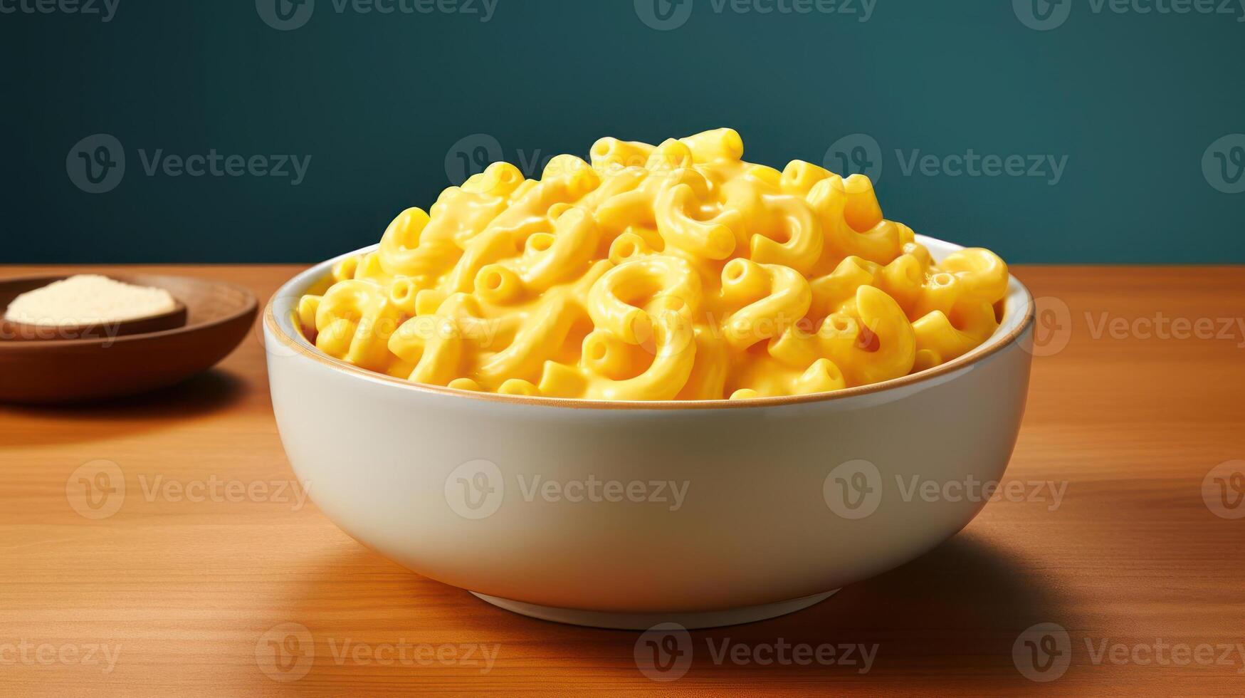 A bowl of macaroni and cheese sits on a table photo