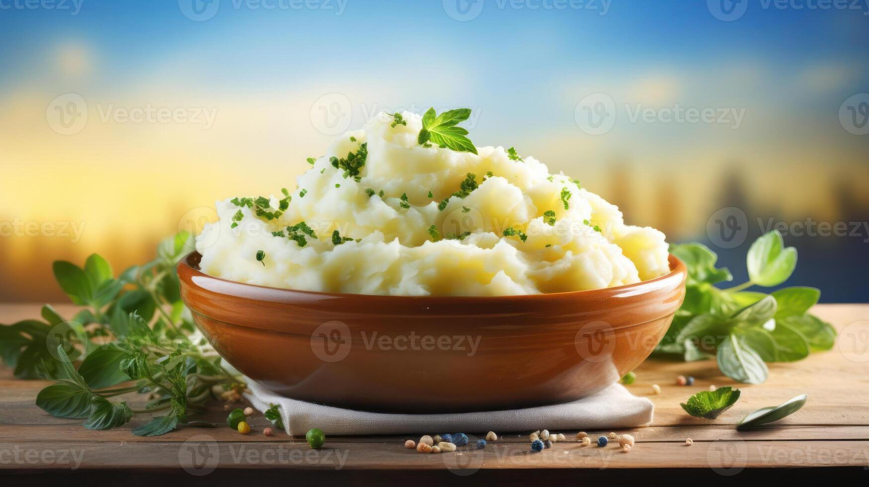 Mashed potatoes garnished with fresh herbs and spices photo