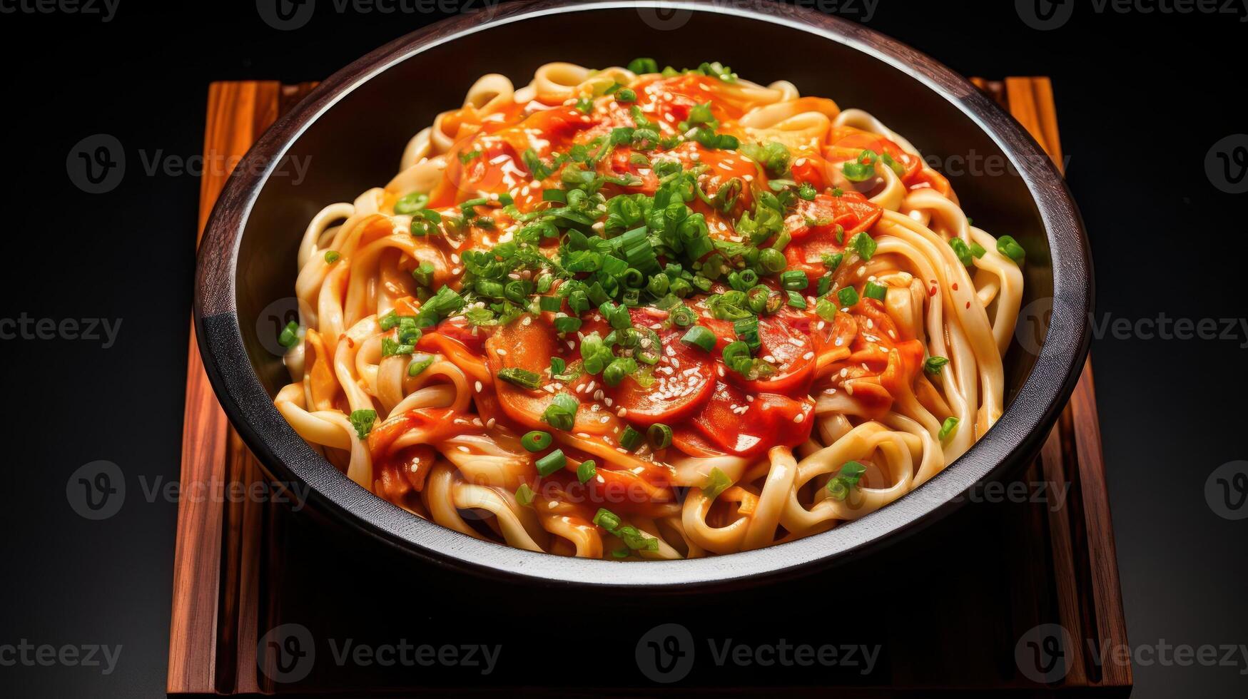 A bowl of noodles with a savory sauce and garnish. photo