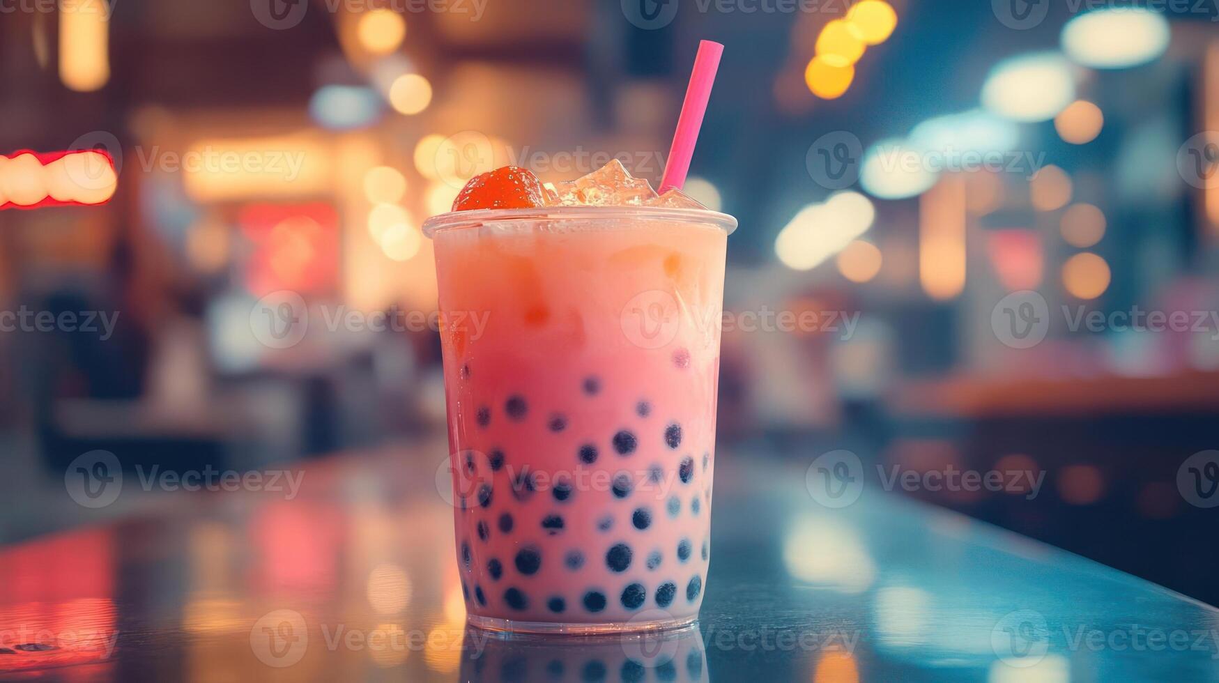 A refreshing pink bubble tea drink with boba pearls. photo
