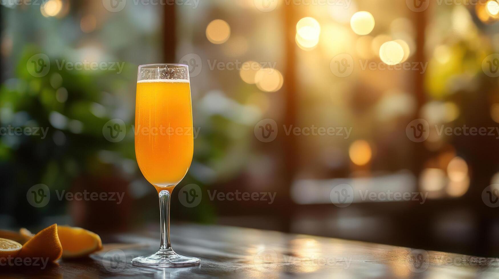 Orange juice in a champagne flute on table photo