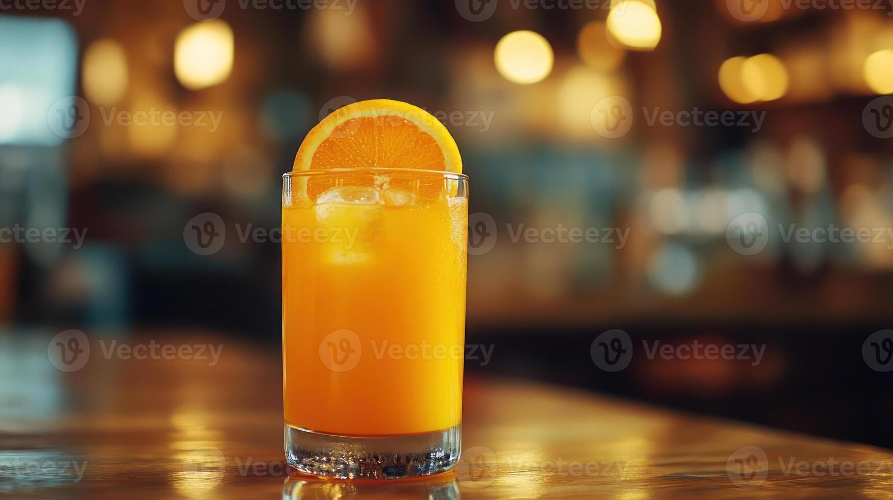Glass of orange juice with a slice of orange on top photo