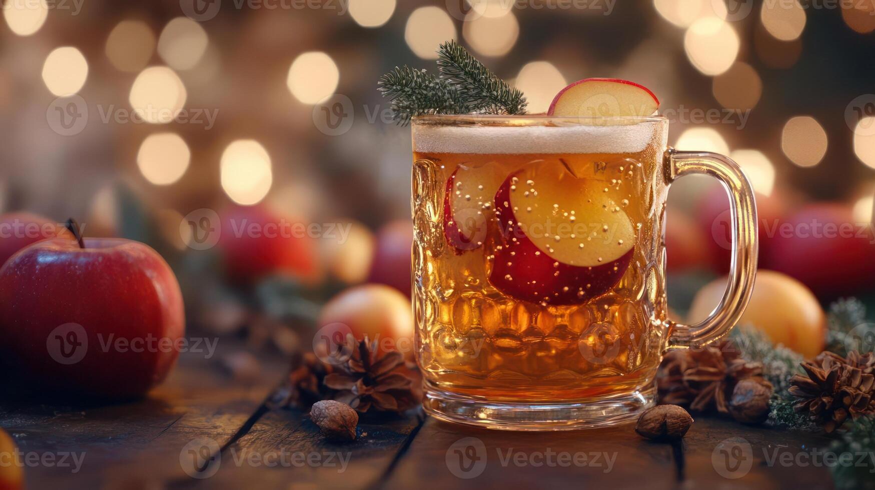 A glass of apple cider with sliced apples and a sprig of rosemary photo