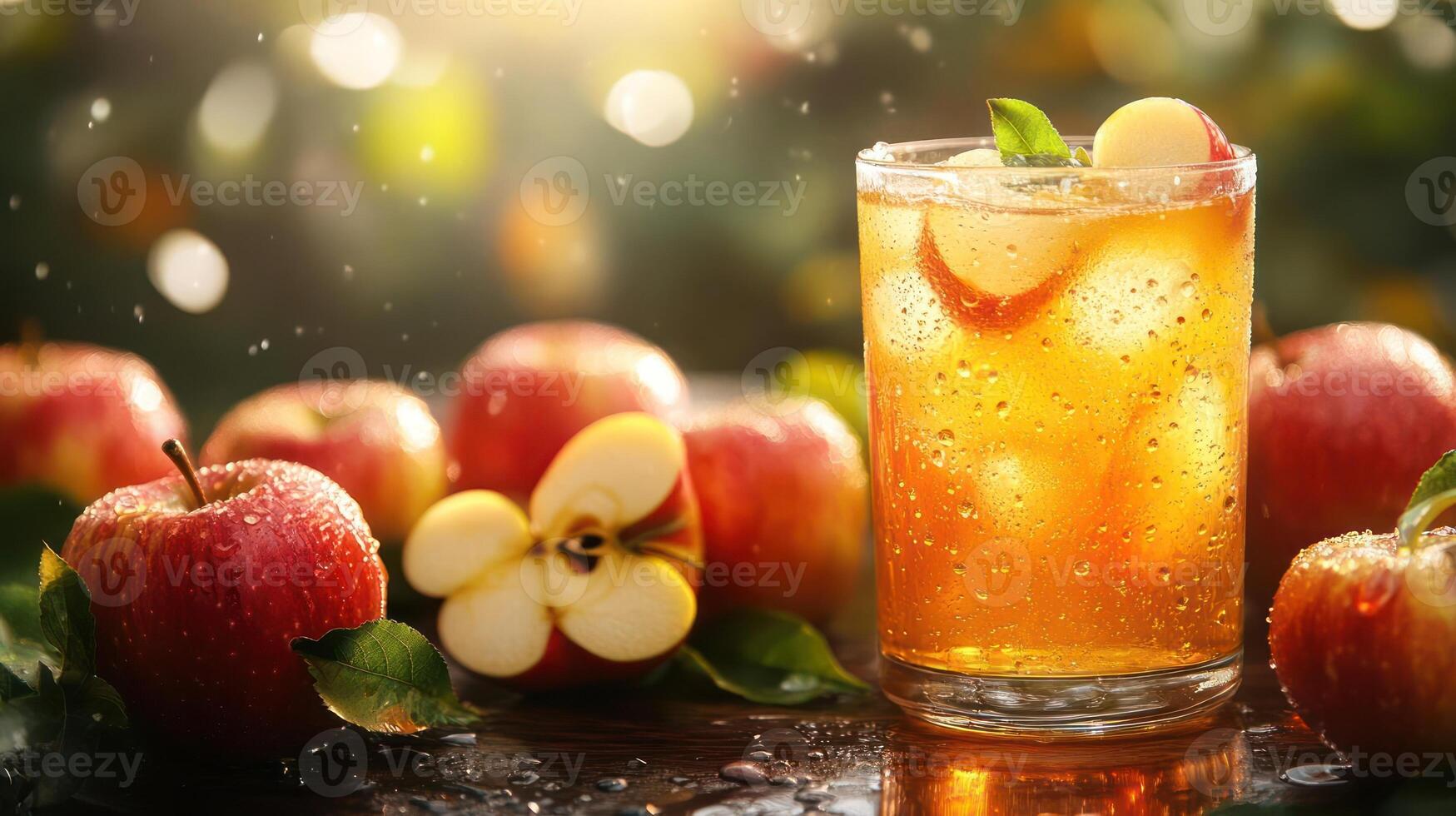 Freshly squeezed apple juice with apples on side photo