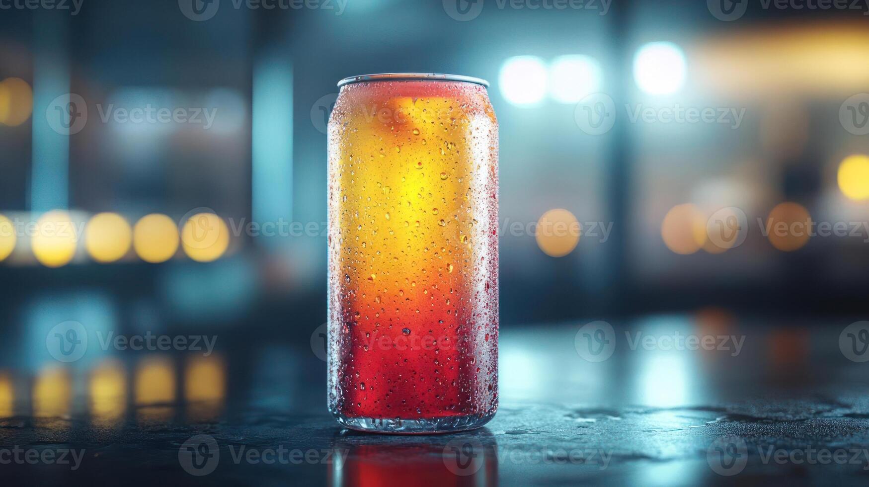 A cold beer can on a table. photo