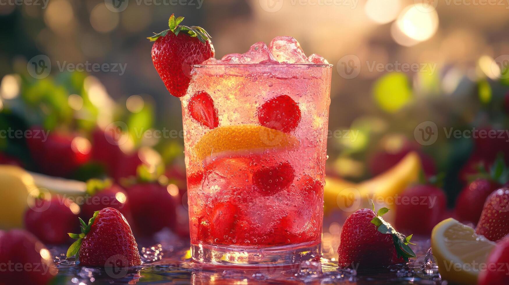 refreshing strawberry lemonade with ice and fruit photo