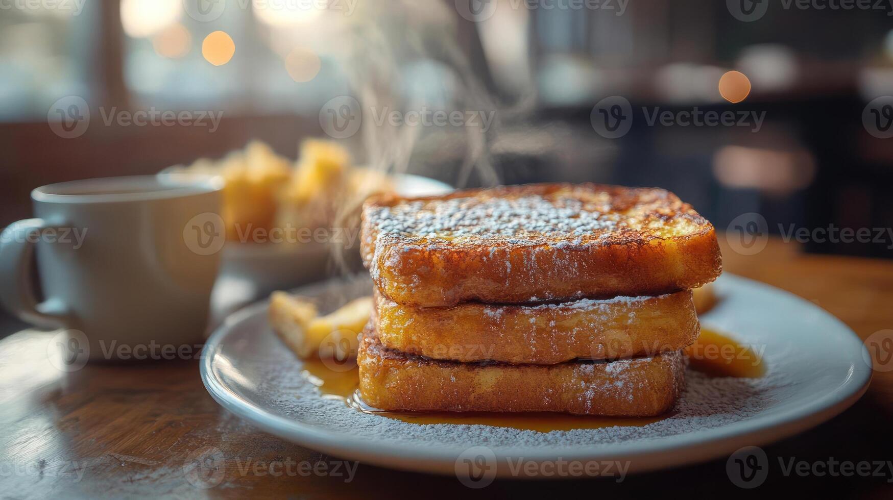 A plate of French toast with powdered sugar and syrup photo