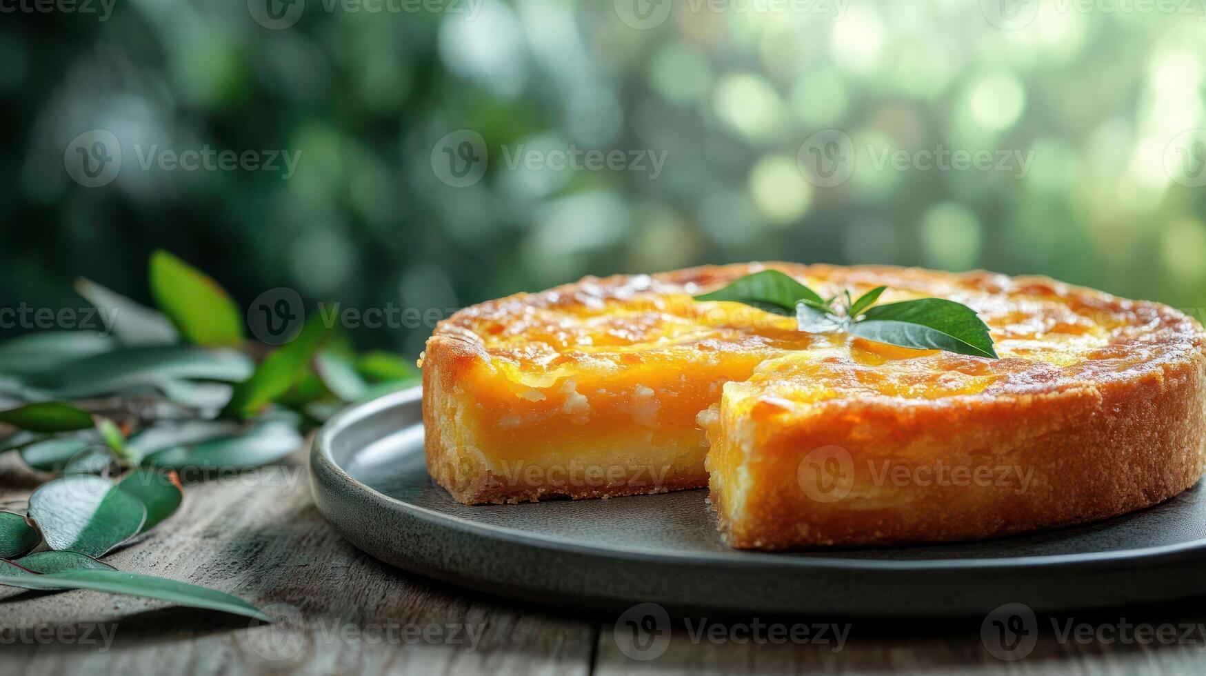 A round tart with a golden crust and yellow filling photo
