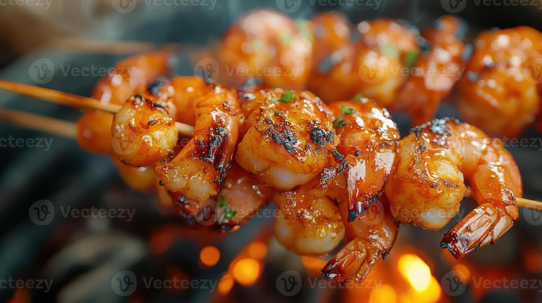 close-up of shrimp on skewers being grilled photo