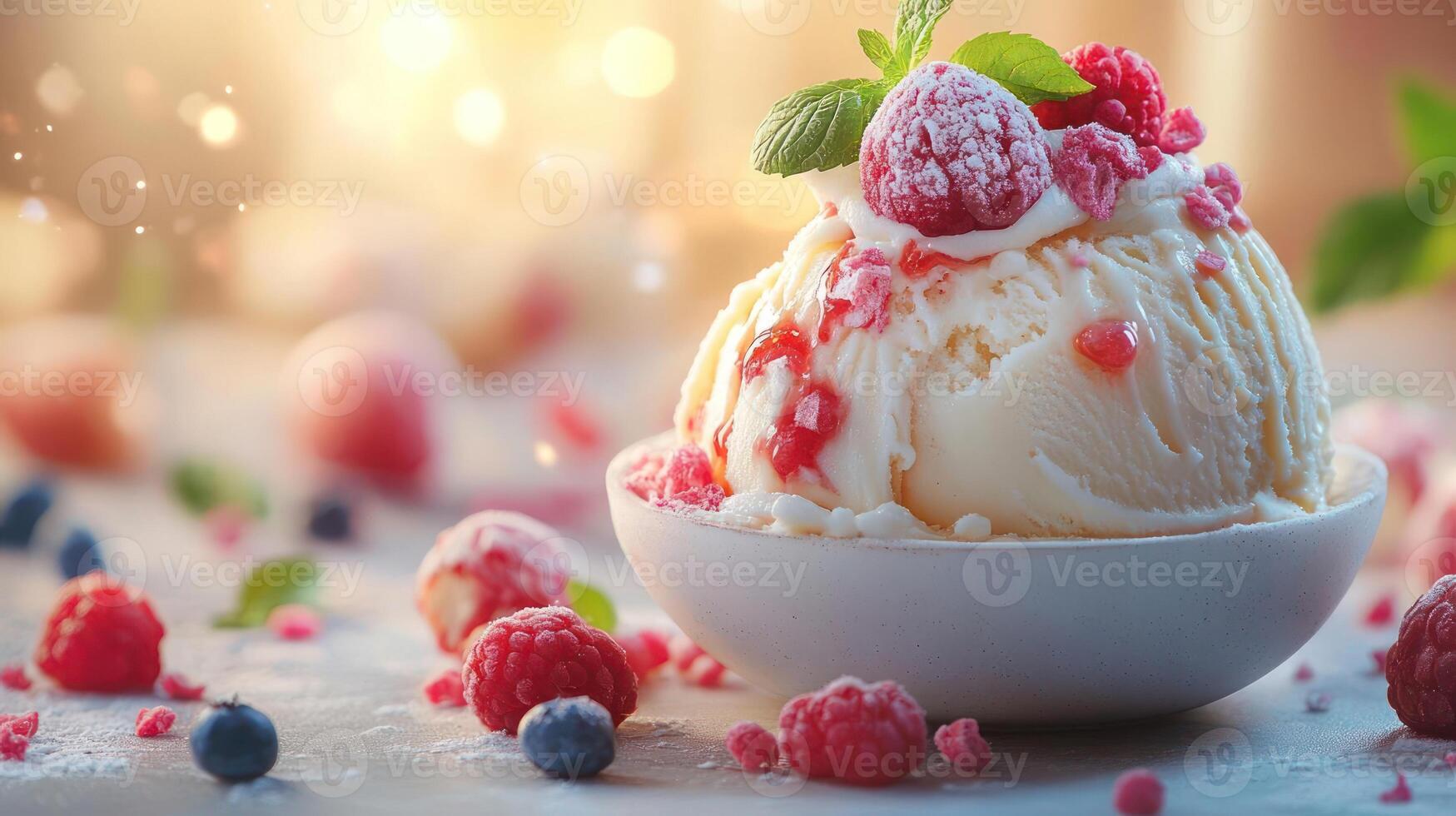A bowl of ice cream topped with fresh berries photo